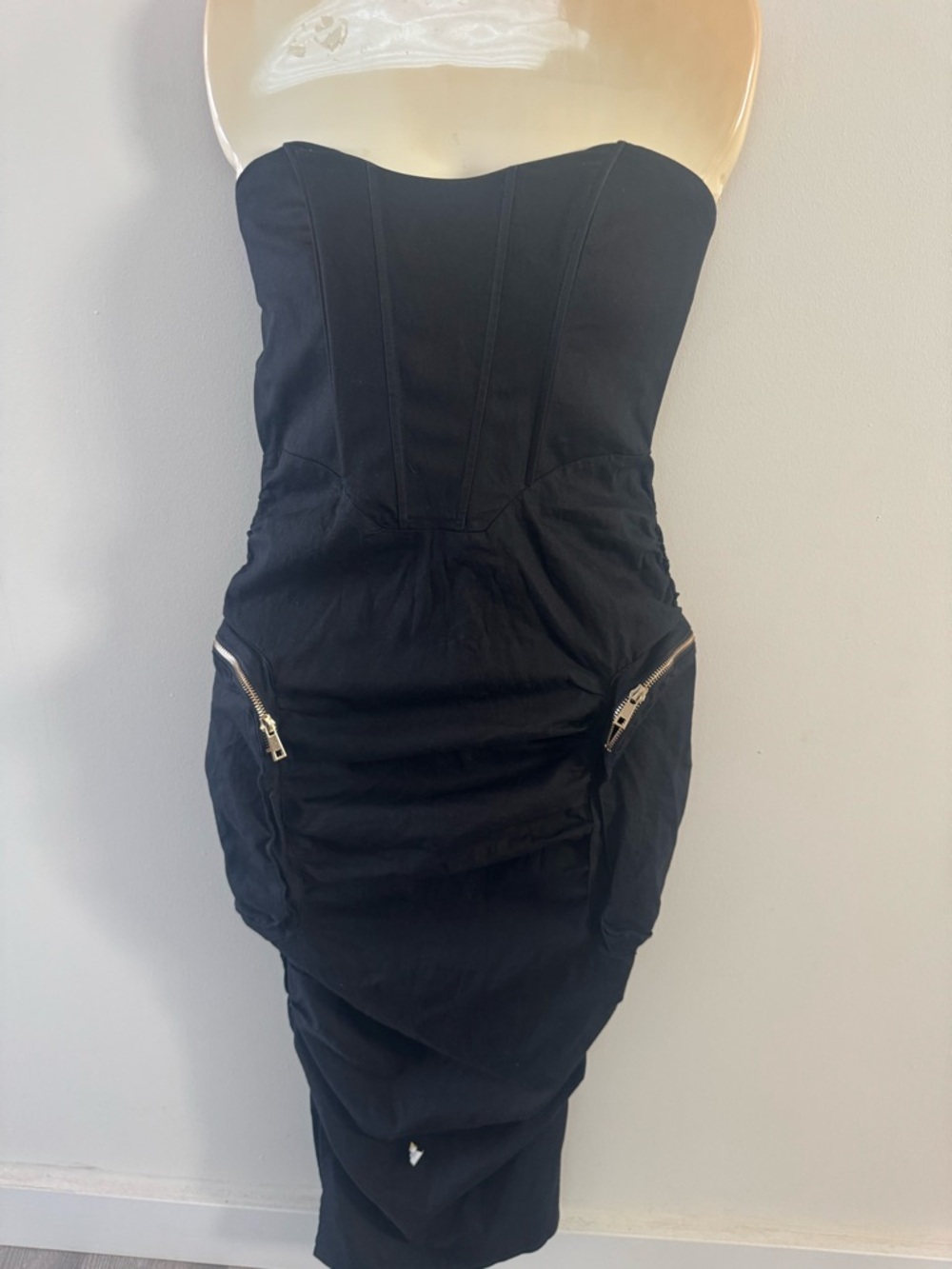 Strapless Black Bodycon Dress with Gold Zipper Accents